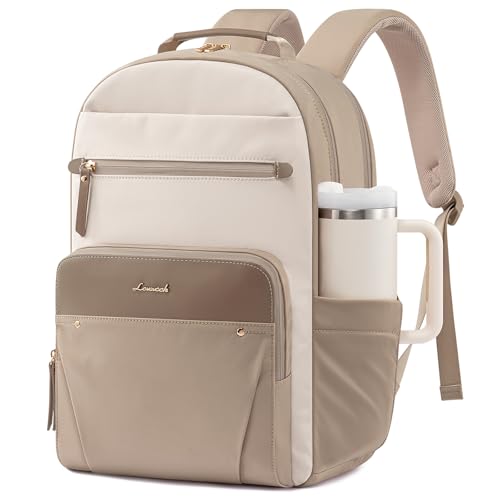LOVEVOOK Laptop Backpack for Women with Leather Trim & Tumbler Pockets, 15.6" Work Backpack Purse, Travel Personal Item Bag, Carry On Business Computer Bag for Office, School, or Gift, Soft Taupe - color: Soft Taupe, size: 15.6 inches