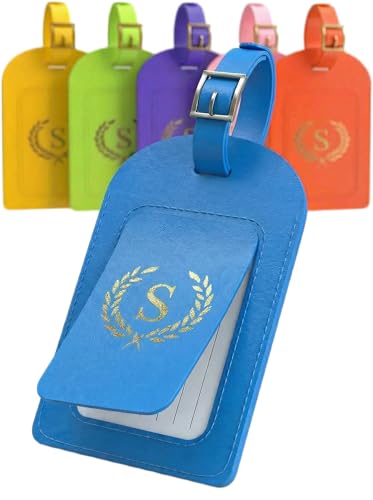 Luggage Tags for Suitcases 6 Pack PU Leather Travel Bag Tags with Privacy Cover & Stainless Steel Buckle, Vegan Leather Name ID Labels for Travel Bags, Cruise, Airline, Backpack, Baggage Identifier(S) - style: S
