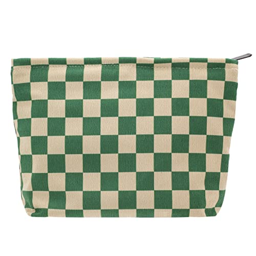 PAZIMIIK Makeup Bag Large Zipper Corduroy Make Up Pouch for Purse Travel Canvas Cosmetic Organizer for Women Brush Storage,Checkered Green - color: Checkered Green