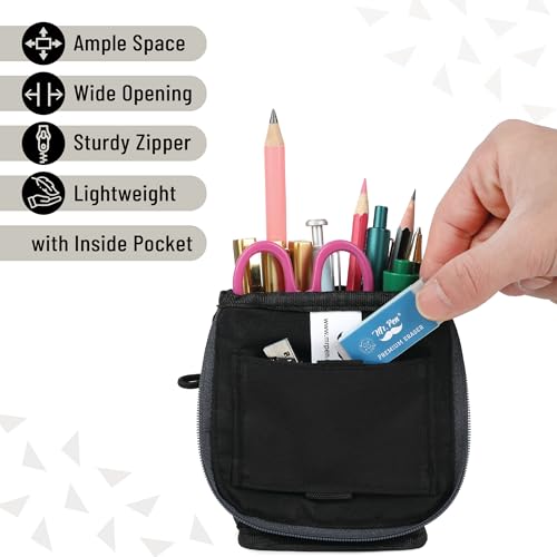 Mr. Pen- Standing Pencil Case Pouch, Sit & Lay Mesh-View Design, Black with Gray Zipper, Interior Pocket & 2 Elastic Binder Loops, Cute Pencil Case for Girls and Boys - color: Black with Gray Zipper