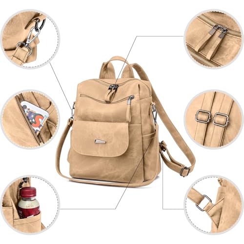 Backpack Purse for Women, PU Leather Backpack Purse, Fashion Travel Anti Theft Backpack, Multipurpose Lightweight Waterproof Convertible Purse Shoulder Bag Handbag, Kakhi - color: Kakhi