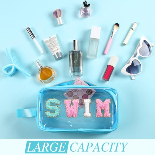 Kacctyen Swim Bag Swimsuit Clear Swimming Bag Swim Team Gift Accessories Chenille Letter Nylon Cosmetics Makeup Toiletry Small Pool Bags Waterproof Pouch for Women Swimmers Beach - color: Blue, style: Swim