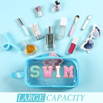 Kacctyen Swim Bag Swimsuit Clear Swimming Bag Swim Team Gift Accessories Chenille Letter Nylon Cosmetics Makeup Toiletry Small Pool Bags Waterproof Pouch for Women Swimmers Beach - color: Blue, style: Swim