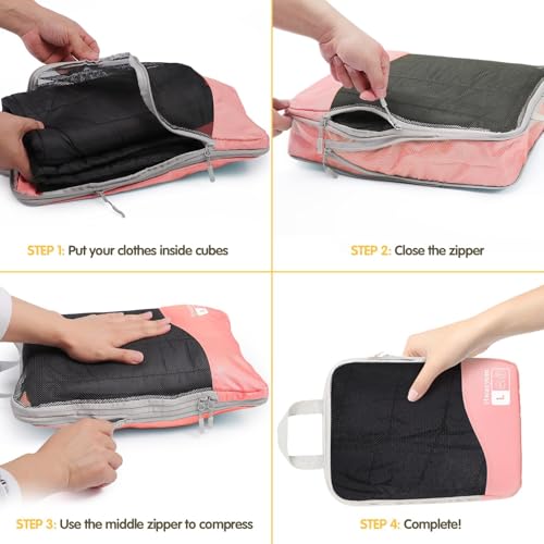 Compression Packing Cubes 8 Set, Dual Zipper Compression Packing Cubes for Travel, See-Through Mesh Packing Bags for Suitcases, Compression Travel Cubes with Shoe Bag (Pink) - color: 8 Set Pink