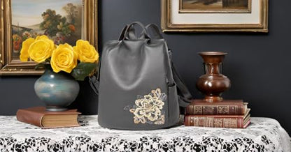 BOYATU Genuine Leather Backpack for Women: Elegant Floral Designer Purse - Small Shoulder Bag for Travel (Grey) - color: Z-grey