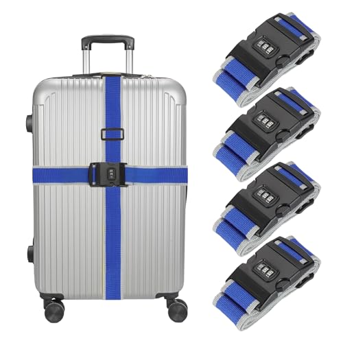 MECCANIXITY Luggage Straps with Combination Lock Adjustable Suitcase Belt Strap for Suitcase Briefcase Backpack Travel, Gray-Blue, Pack of 4 - color: Gray-Blue