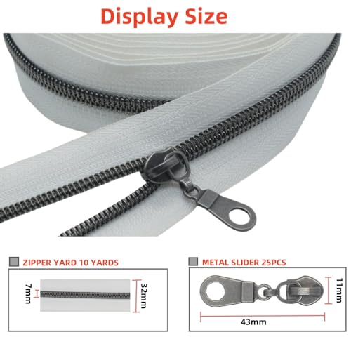 MebuZip #5 Gunmetal Metallic Nylon Coil Zippers by The Yard Bulk Coil Zipper Roll 10 Yards with 25pcs Pulls for DIY Sewing Craft Bags (White) - color: Gunmetal White