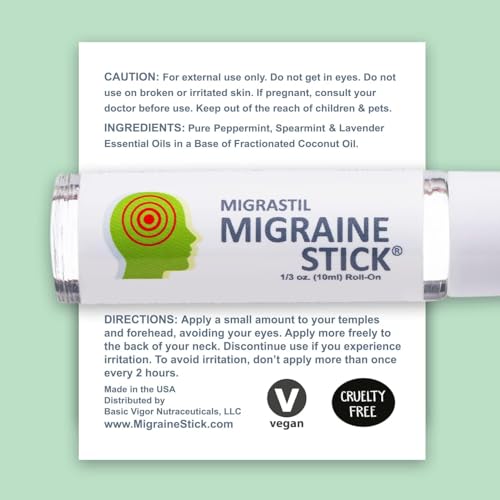 Basic Vigor Migrastil Migraine Stick Rollon - Fast Cooling Comfort for Your Head. Aromatherapy with Peppermint & Other Essential Oils. Metal Roller. Made in USA - size: 0.3 Ounce (Pack of 1)