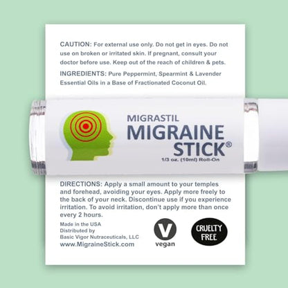 Basic Vigor Migrastil Migraine Stick Rollon - Fast Cooling Comfort for Your Head. Aromatherapy with Peppermint & Other Essential Oils. Metal Roller. Made in USA - size: 0.3 Ounce (Pack of 1)
