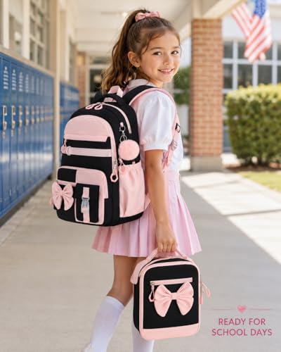 CAMTOP Girls Backpack with Lunch Box & Pencil Case Set, School Backpack for Girls with Large Water Bottle Holder Straps, Waterproof Kids Backpack, Cute Bookbag for Elementary School & Travel - color: Black Pink
