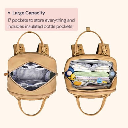 BabbleRoo Diaper Bag Backpack - Baby Essentials Travel Tote - Multi function Water Resistant Diaper Bag, Travel Essentials Baby Bag with Changing Pad, Stroller Straps & Pacifier Case - Unisex, Beige | Baby Essentials Travel Tote - color: Light Brown, size