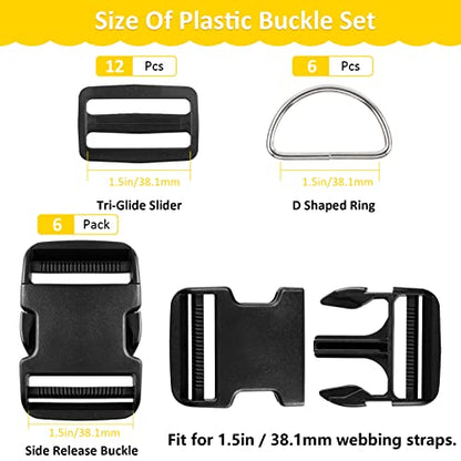 6 Pcs Quick Side Release Buckle, 12 Pcs Tri-Glide Slide、 6 Pcs Metal D-Rings,Dual Adjustable, No Sewing Required Suitable for 1 1/2 inch Wide Nylon Webbing (1 1/2 inch Buckle Combo Set) - color: 1 1/2" 6 Pcs Buckle Set