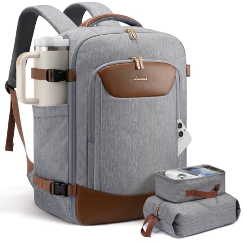 LOVEVOOK 40L Travel Backpack for Women Men, Large Carry on Backpack for Airplanes TSA Personal Item Travel Bag fits 15.6" Laptop, Waterproof Weekender Essentials Airline Approved with 2 Packing Cubes - color: Grey-brown, size: 40L-3Pcs
