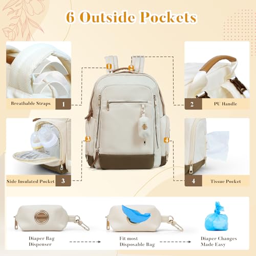 miss fong Diaper Bag Backpack - Baby Diaper Bag Mommy Bag Diaper Backpack with 16 Pockets Large Capacity Travel Diaper Bag Baby Shower Gifts for Mom & Dad-Off-White - color: Off-white