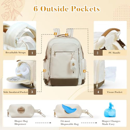 miss fong Diaper Bag Backpack - Baby Diaper Bag Mommy Bag Diaper Backpack with 16 Pockets Large Capacity Travel Diaper Bag Baby Shower Gifts for Mom & Dad-Off-White - color: Off-white