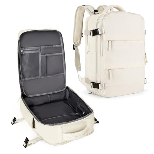 coowoz Large Travel Backpack For Women Men,Carry On Backpack Flight Approved,Hiking Backpack Waterproof Outdoor Sports Rucksack Casual Daypack Fit 15.6 Inch Laptop Shoes Compartment（Off White） - color: Off-white, size: Medium