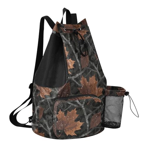 Drawstring Gym Sackpack With Pockets Drawstring Backpacks with Wet Dry Compartments Camouflage Maple Leaf Rain Brown Black