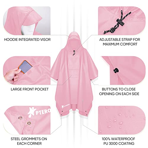 PTEROMY 3-in-1 Hooded Rain Poncho for Adult with Pocket, Waterproof Lightweight Unisex Raincoat for Hiking Camping Emergency - color: Pink