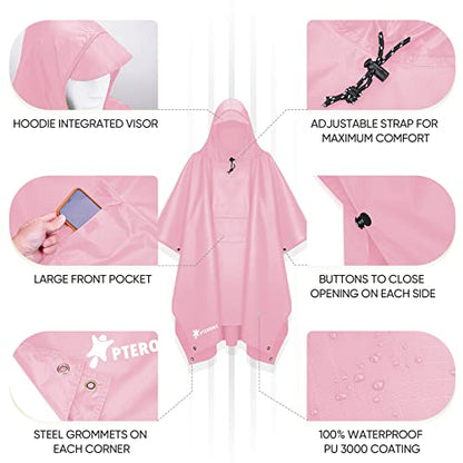 PTEROMY 3-in-1 Hooded Rain Poncho for Adult with Pocket, Waterproof Lightweight Unisex Raincoat for Hiking Camping Emergency - color: Pink