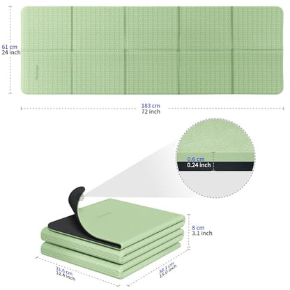 Readaeer Foldable Yoga Mat for Travel Folding Yoga Mat 6mm Thick with Carrying Bag, Non-Slip TPE Exercise Pilates Mat for 72" L x 24" W x 0.24 Inch - color: Green