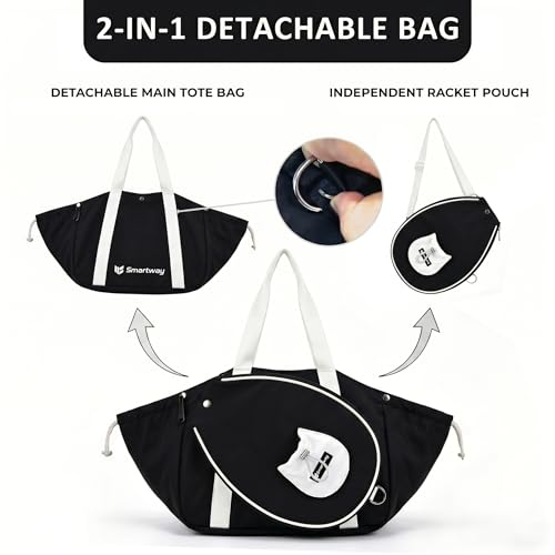 Smartway Pickleball Tote Bag for Women with Detachable Racket Sleeve - color: Black