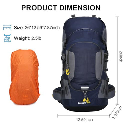 ShowyLive 60L Waterproof Hiking and Camping Backpack for Men - Durable, Lightweight Large Hiking Backpack with Rain Cover, Multi Compartments, and Adjustable Straps, Blue - color: Blue, size: 60L