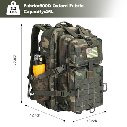 Hannibal Tactical 45L MOLLE Assault Backpack, Tactical Backpack Military Army Camping Rucksack with Bottle Holder, 3-Day Pack Trip w/USA Flag Patch, D-Rings, US Woodland - color: Us Woodland, size: 45L