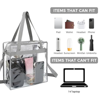 BAGAIL Clear Bags 12x6x12 Stadium Approved Clear Tote Bag with Zipper Closure Crossbody Shoulder Bag with Adjustable Strap - color: Grey