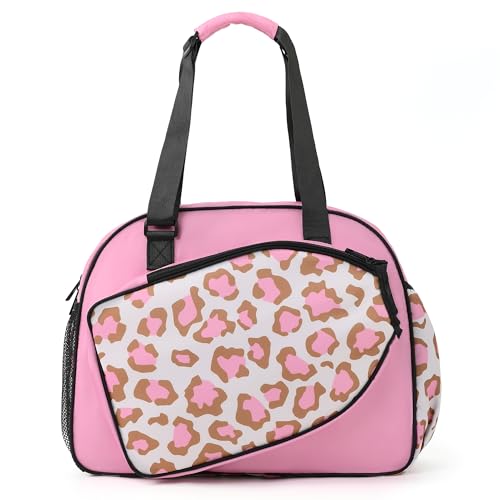 Boulder Bee Pickleball Bags, Premium Pickleball Tote Bag for Girls, Women’s Hand/Shoulder Gym Bag w Water Bottle Holder, with Pickleball Racquet/Paddle Holder - color: Leopard print-pink