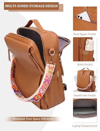 Dora & Liz Laptop Backpack for Women, Leather Travel Backpack with 15.6 Inch Laptop Compartment, College Work Computer Bag (Pebbled Brown-3P) - color: Pebbled Brown-3p