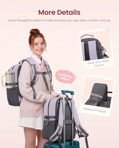 LOVEVOOK School Backpack for Teen Girls, Unique Style College Student Backpacks with Large Cup Holder, Cute Kid Bookbag with Pens Compartment, Large Capacity Back to School Backpack Fit 15.6'' Laptop - color: Purple Grey, size: Medium