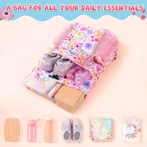 WAWASAM Drawstring Backpack for Kids, Flower Kids Drawstring Gym Bag for Girls, Waterproof Swim Bag for Beach String Cinch Backpack with Two Mesh Water Bottle Pocket - color: Flower