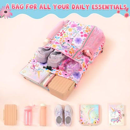 WAWASAM Drawstring Backpack for Kids, Flower Kids Drawstring Gym Bag for Girls, Waterproof Swim Bag for Beach String Cinch Backpack with Two Mesh Water Bottle Pocket - color: Flower