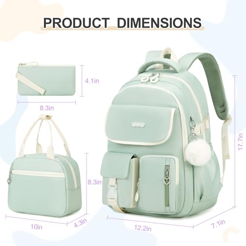 DIGOBAY Backpacks for Girls, 3PCS School Backpack with Lunch Box Pencil Pouch for Teen Girls Kids Elementary Primary Middle High College Travel School bag Bookbag Set （Green） - color: Green