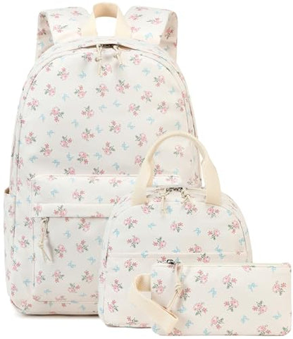 BTOOP School Backpacks for Teen Girls Bookbags Lightweight Kids Backpack School Bags Set with Lunch Box Pencil Case - color: Blue Bow-pink Flower
