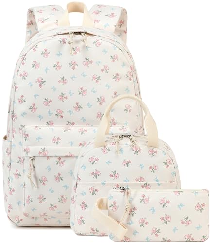 BTOOP School Backpacks for Teen Girls Bookbags Lightweight Kids Backpack School Bags Set with Lunch Box Pencil Case - color: Blue Bow-pink Flower