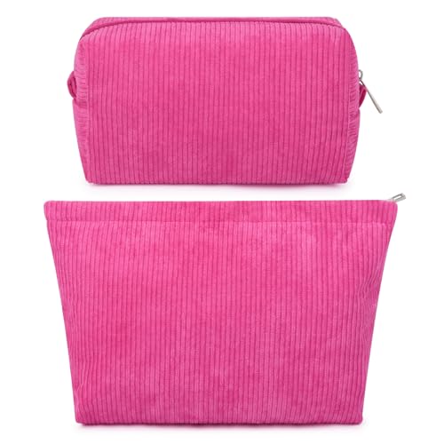 SOIDRAM 2 Pcs Corduroy Makeup Bag Large Cosmetic Bag Toiletry Bag Makeup Pouch Travel Bag Organizer Cute Makeup Brushes Aesthetic Accessories Storage Bag for Women Rose Red - color: Corduroy Rose red