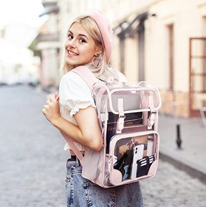 mommore Clear Backpack for School Heavy Duty PVC Transparent Bookbag for Girls Stadium Approved See Through Backpack - color: Pink, style: Clear Backpack