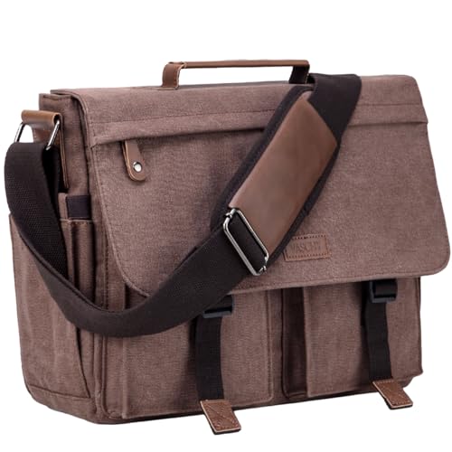 Messenger Bag for Men,VASCHY Vintage Water Resistant Canvas Satchel 14 15.6 17inch Laptop Briefcase - color: 14inch-coffee