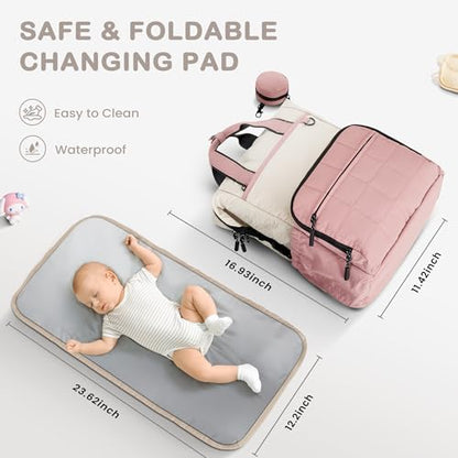 VONAL Diaper Bag Backpack, Lightweight Baby Diaper Bags, Travel Large Diaper Bag with Changing Station, Pink Diaper Backpack for Boys Girls Newborn with Insulated Pockets, Stroller Straps - color: Pink