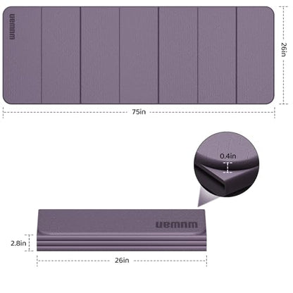 Folding Yoga Mat Extra Thick 0.4 Inch, Foldable Yoga Mat 75 x 26 Inches, TPE Exercise Mat, 7-Panel Non Slip Cushioned Fitness Mat for Yoga, Pilates, Stretching, Home Workout - color: Purple