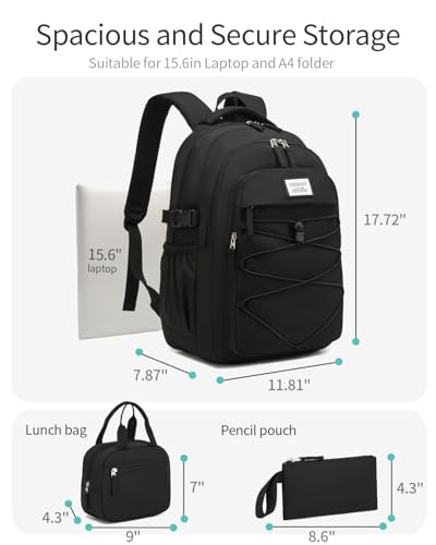 Teen Girls Boys Backpack Aesthetic School Bag with Lunch Box, Laptop Backpack Bookbag for High School College Women Men, Black 3pcs - color: Black 3pcs, size: 15.6in
