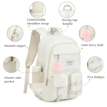 YAMTION School Backpack for Teen Girls,15.6in Laptop Backpack Kids Bookbag for Middle School College Students,Cute School Bag for Women (Beige, Fits 15.6in PC) - color: Beige