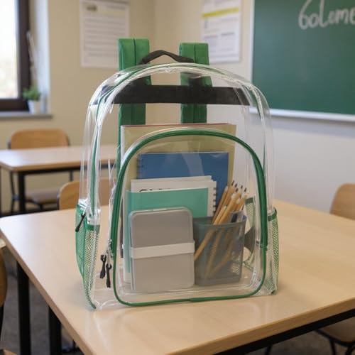 Heavy Duty Clear See Through Backpack | Transparent Clear Backpack Bags Stadium Approved for Women, Men, School, Travel - color: Green