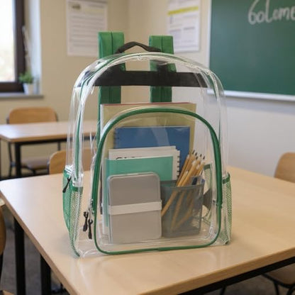 Heavy Duty Clear See Through Backpack | Transparent Clear Backpack Bags Stadium Approved for Women, Men, School, Travel - color: Green