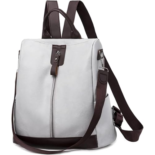 Women Backpack Anti-Theft Daypack Shoulder Bag with Earphone Hole Ladies Rucksack Waterproof PU Leather Bag for Travel Work (Light gray) - color: Light Gray