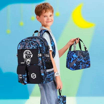 Scothen Boys Backpack, Cool Luminous School Backpacks for Boys with Lunch Bag Pencil Case, Kids Backpack Kindergarten Elementary Middle School Book Bags for Teen Boy Children with USB Charging Port - color: Blue Musicer