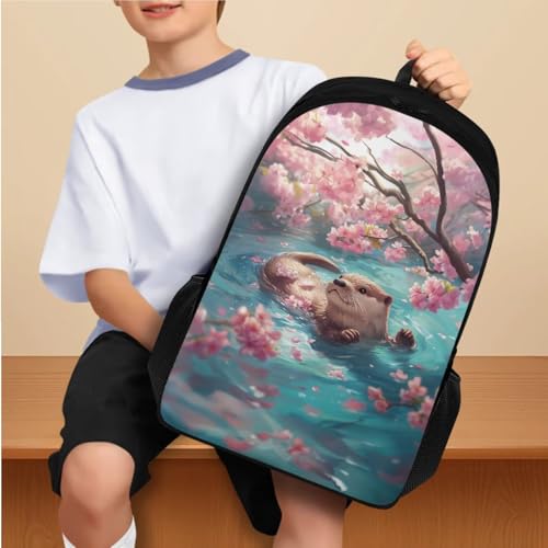 Flashideas Cherry Blossom Otter Backpack for Girls Kids Backpack with Lunch Box Stainless Steel Water Bottle and Water Bottle Holder 4Pcs Set 17" Bookbag with Compartments for School Sturdy School Bag - color: Cherry Blossom Otter