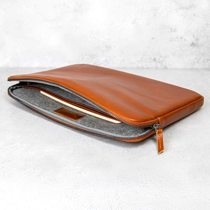 Casemade Real Leather Laptop Case/Zipped Folio Bag with Inner Pocket & Wool Lining Compatible with Apple MacBook, HP, Dell, Asus, Levovo (14 Inch - Tan) - color: Tan, size: 14 Inch