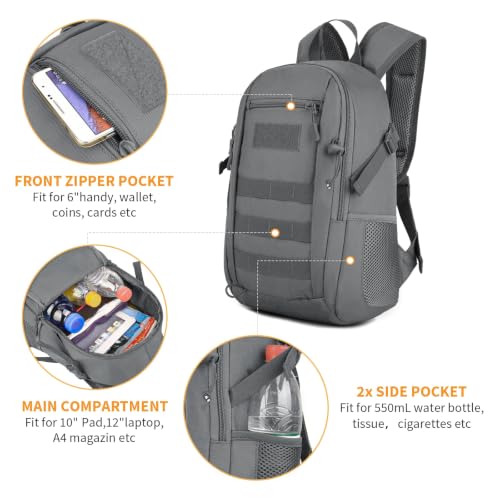 HUNTVP 10L Tactical Backpack Small Backpack Mini Daypack Military MOLLE Rucksack Gear Tactical Assault Pack Bag for Hunting Camping Trekking(10l-grey) - color: Grey, size: 10L